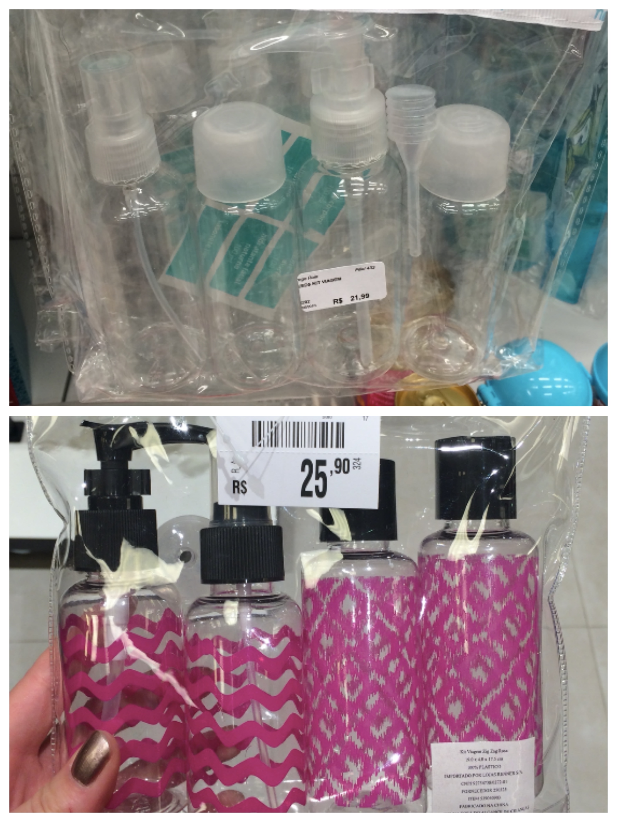 Achei esses kits para colocar shampoo, condicionador etc. Eu uso um e quebra muito galho. O de cima é da Droga Raia (R$21,90) e o de baixo da Riachuello (R$25,90).