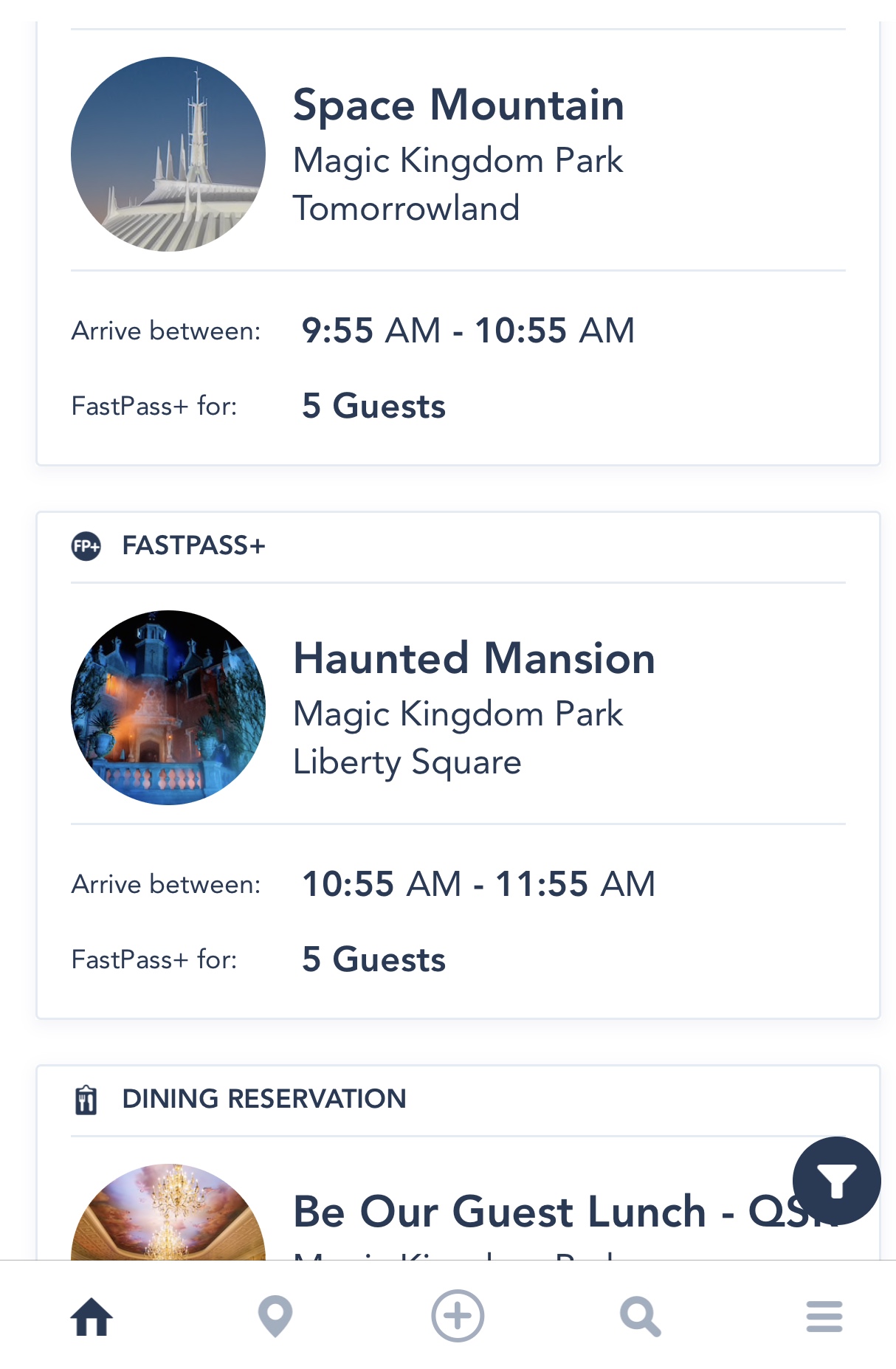 Parte de reserva do Fast Pass no app da Disney