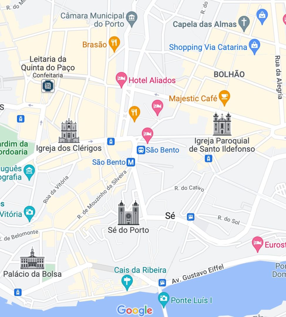 mapa mostrando melhores lugares para se hospedar em porto