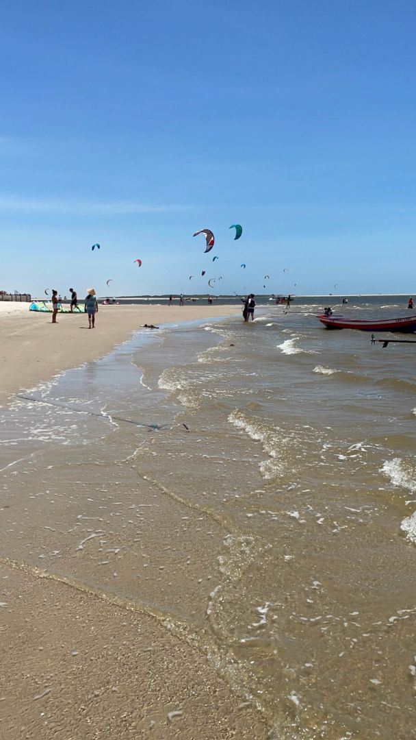 Praia em um dia de céu azul com muitos kite surfes ao fundo.