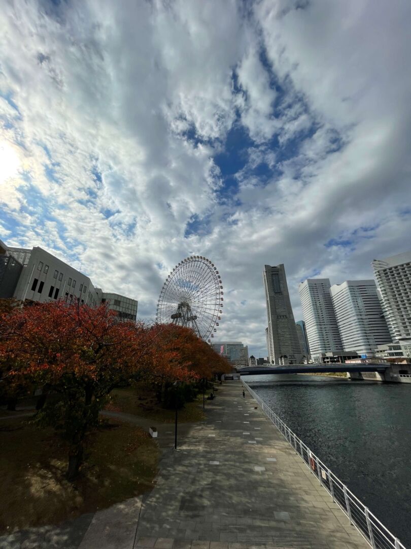 Imagem do skyline de Yokohama, com árvores vermelhas do outono, uma roda gigante e prédios ao fundo. Céu azul entre nuvens.